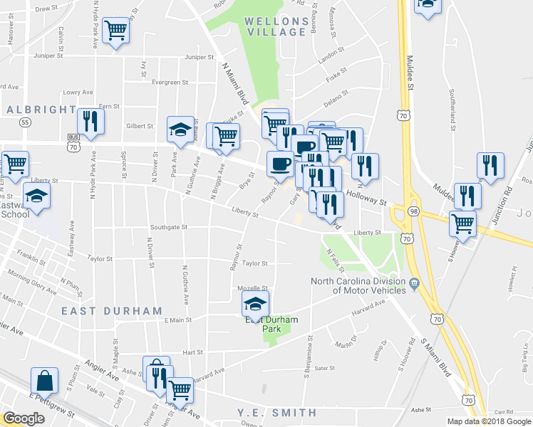 map of restaurants, bars, coffee shops, grocery stores, and more near 1807 Liberty Street in Durham