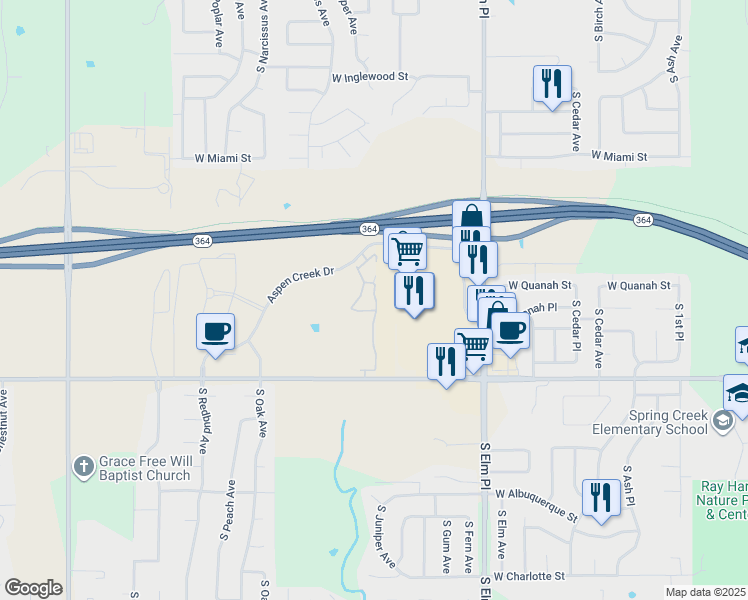 map of restaurants, bars, coffee shops, grocery stores, and more near 1100 West Tucson Street in Broken Arrow