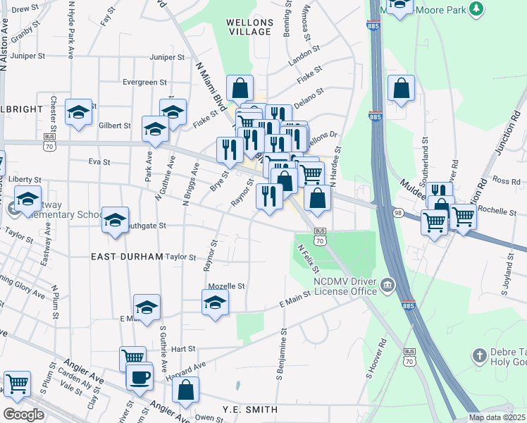 map of restaurants, bars, coffee shops, grocery stores, and more near 618 Gary Street in Durham