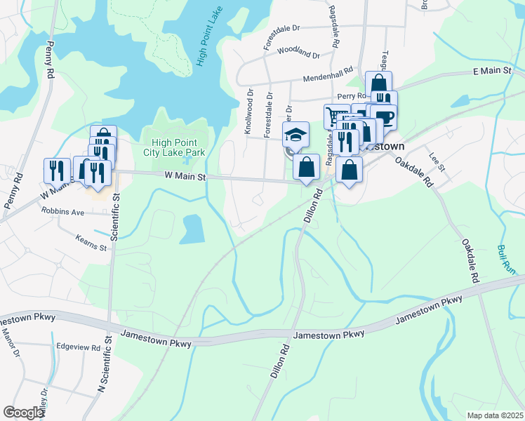 map of restaurants, bars, coffee shops, grocery stores, and more near 200 Lennox Drive in Jamestown