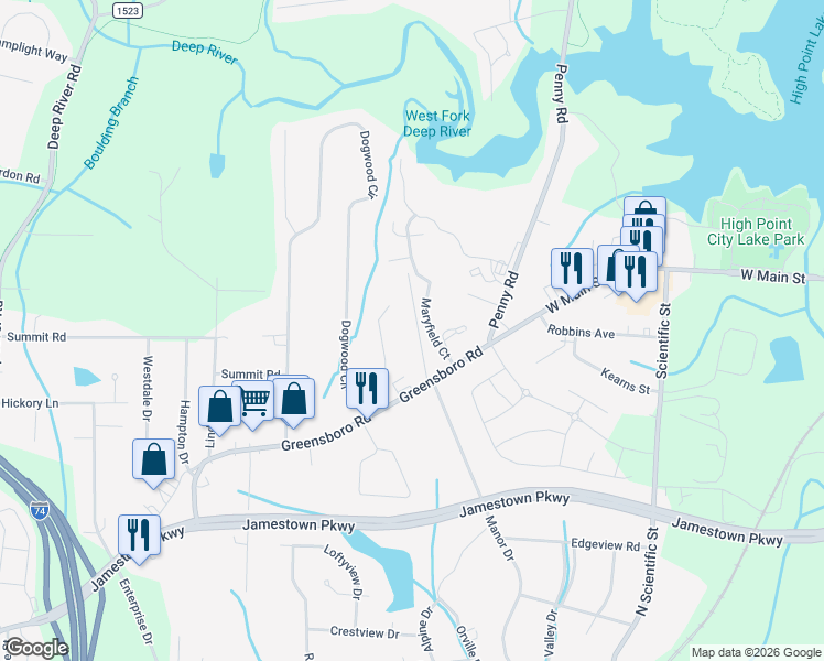 map of restaurants, bars, coffee shops, grocery stores, and more near 1021 Manor Drive in High Point