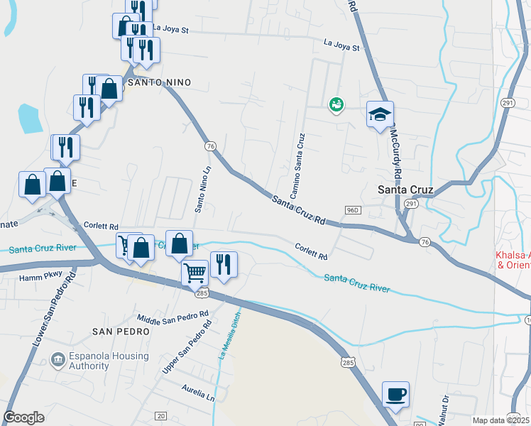 map of restaurants, bars, coffee shops, grocery stores, and more near 1006 Santa Cruz Road in Española