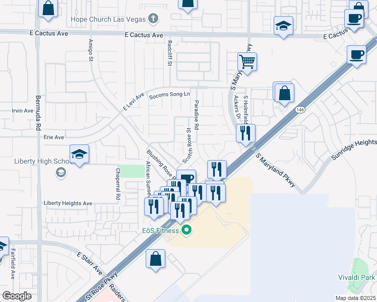 map of restaurants, bars, coffee shops, grocery stores, and more near 10941 Scotch Rose Street in Henderson