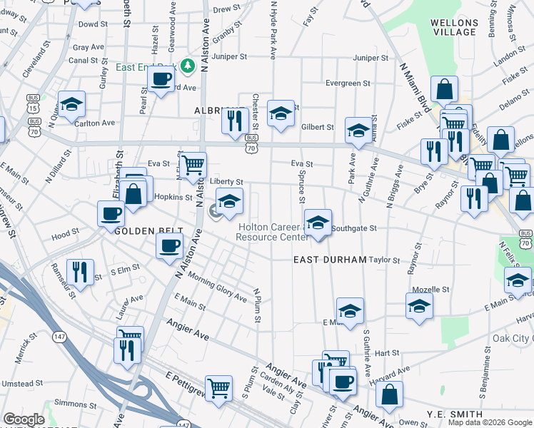map of restaurants, bars, coffee shops, grocery stores, and more near 509 North Hyde Park Avenue in Durham