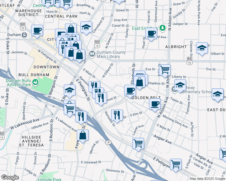 map of restaurants, bars, coffee shops, grocery stores, and more near 600 East Main Street in Durham