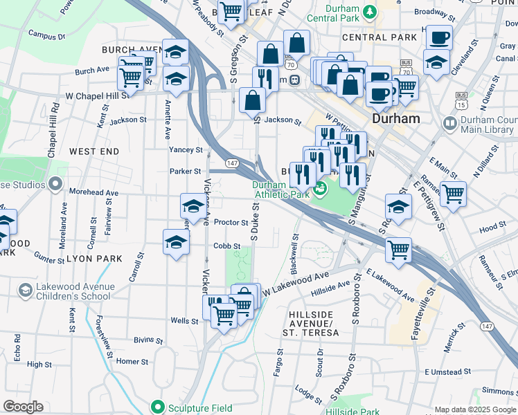map of restaurants, bars, coffee shops, grocery stores, and more near in Durham