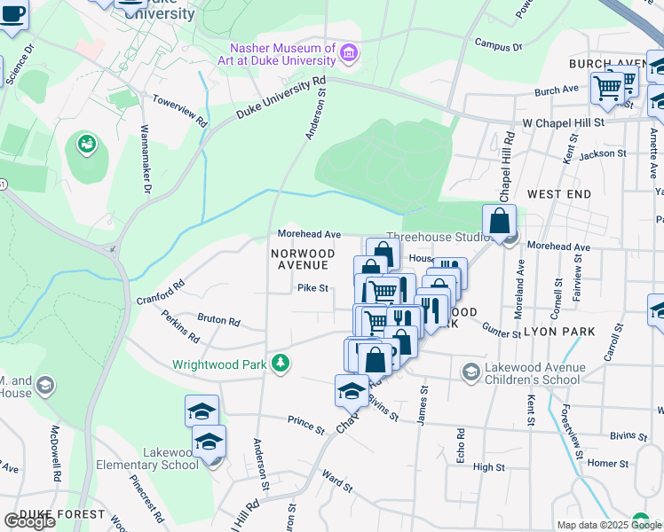 map of restaurants, bars, coffee shops, grocery stores, and more near 2201 Morehead Avenue in Durham