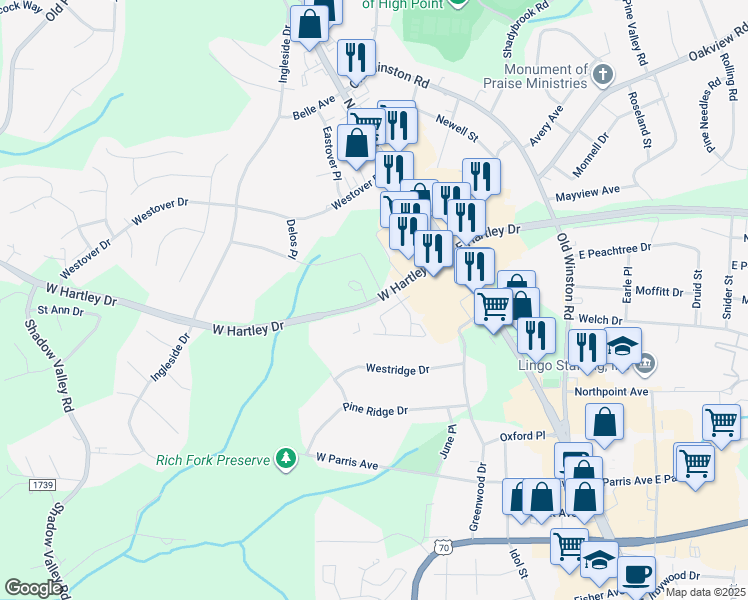 map of restaurants, bars, coffee shops, grocery stores, and more near 149 West Hartley Drive in High Point