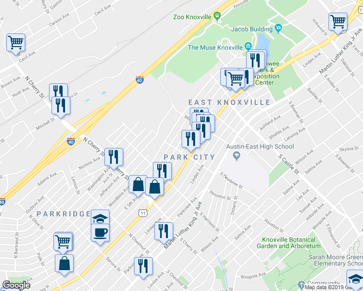 map of restaurants, bars, coffee shops, grocery stores, and more near 2801 East 5th Avenue in Knoxville