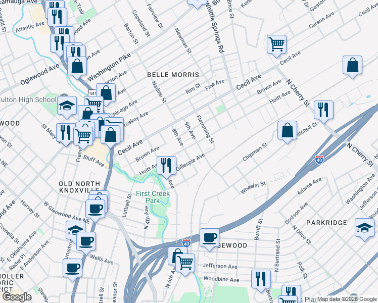 map of restaurants, bars, coffee shops, grocery stores, and more near 1817 Gillespie Avenue in Knoxville