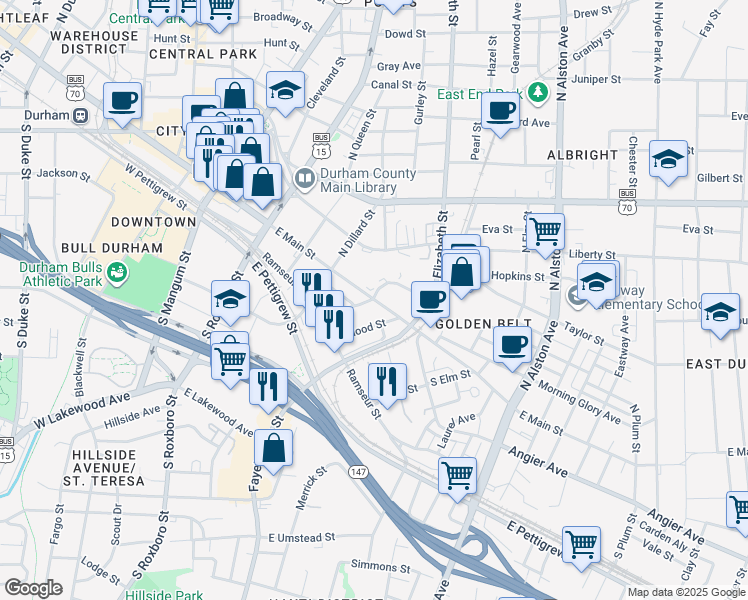 map of restaurants, bars, coffee shops, grocery stores, and more near 602 East Main Street in Durham