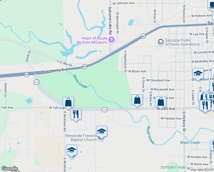 map of restaurants, bars, coffee shops, grocery stores, and more near 1004 West Bryan Avenue in Sapulpa