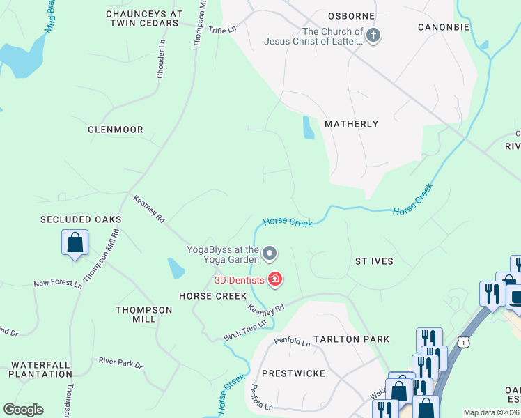 map of restaurants, bars, coffee shops, grocery stores, and more near 2648 Buckeye Court in Wake Forest