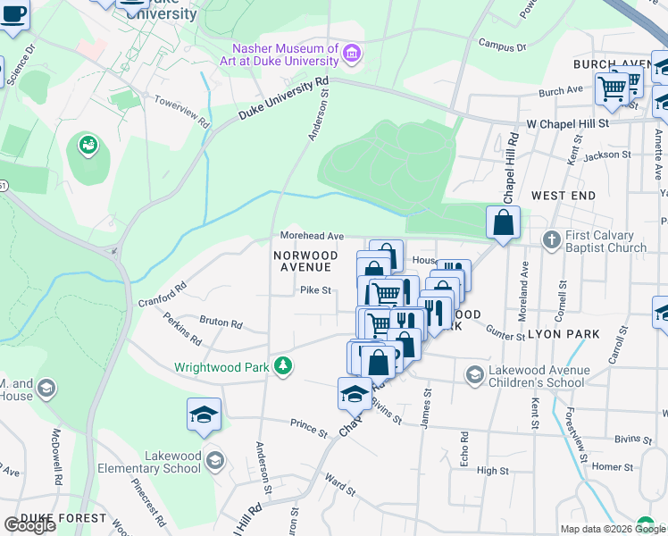 map of restaurants, bars, coffee shops, grocery stores, and more near 2201 Morehead Avenue in Durham