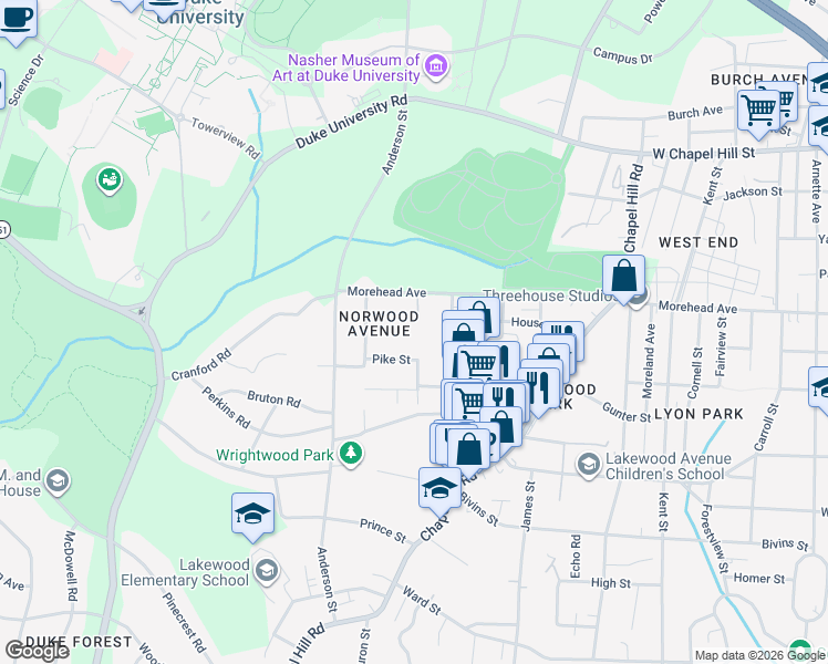map of restaurants, bars, coffee shops, grocery stores, and more near 2201 Morehead Avenue in Durham