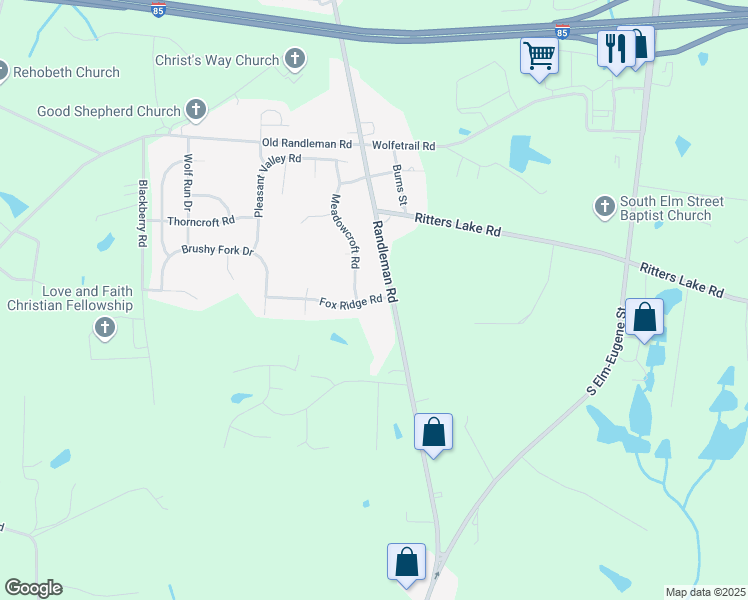 map of restaurants, bars, coffee shops, grocery stores, and more near 629 Foxridge Road in Greensboro