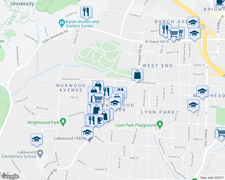 map of restaurants, bars, coffee shops, grocery stores, and more near 1905 House Avenue in Durham