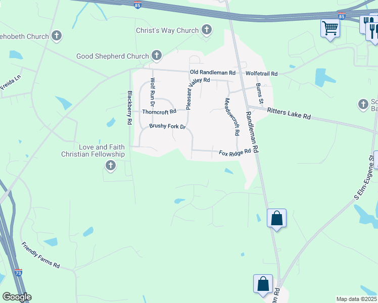 map of restaurants, bars, coffee shops, grocery stores, and more near 607 Brushy Fork Drive in Greensboro