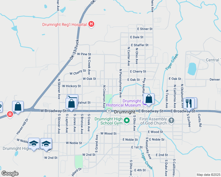 map of restaurants, bars, coffee shops, grocery stores, and more near 321 North Morrow Avenue in Drumright