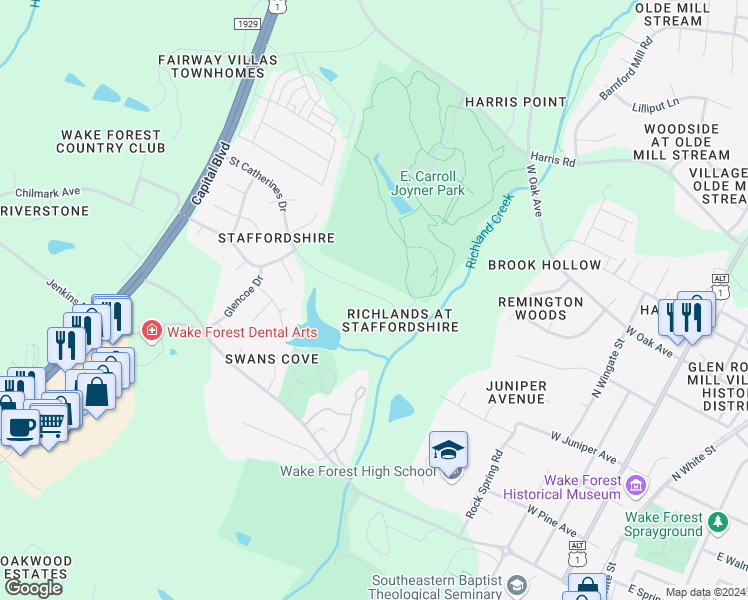 map of restaurants, bars, coffee shops, grocery stores, and more near 713 Saint Catherines Drive in Wake Forest