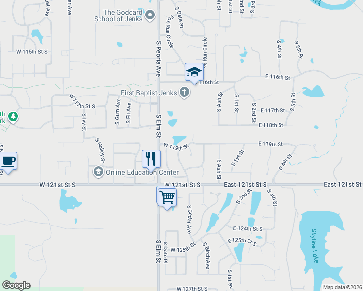 map of restaurants, bars, coffee shops, grocery stores, and more near 11900 West 119th Street in Jenks