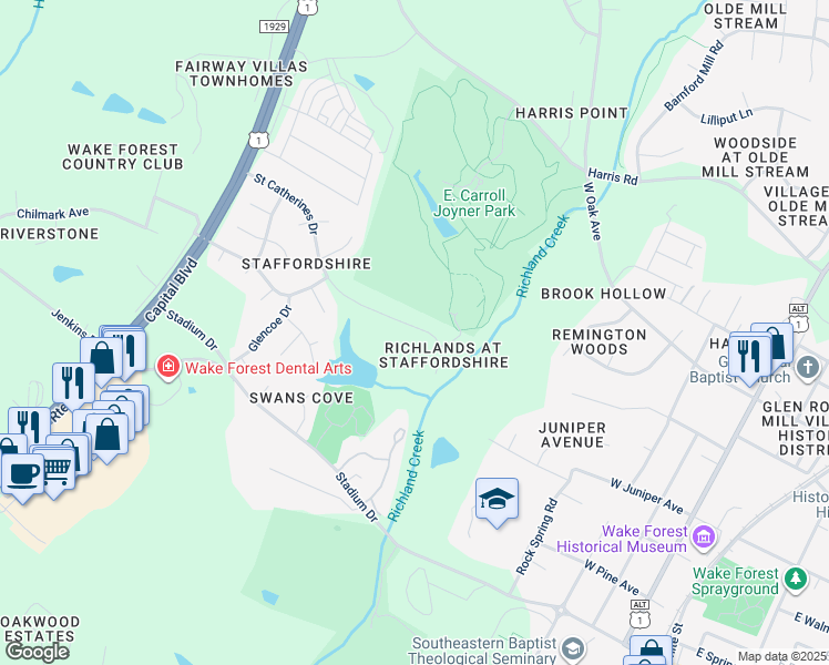 map of restaurants, bars, coffee shops, grocery stores, and more near 713 Saint Catherines Drive in Wake Forest