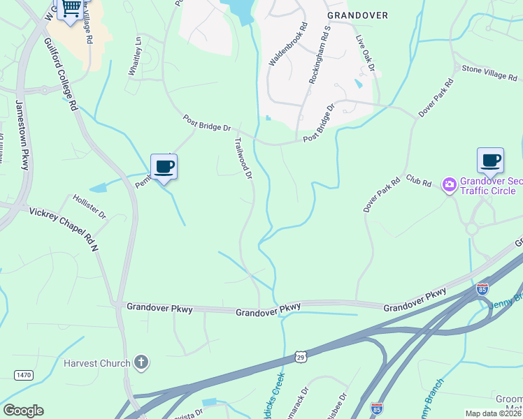 map of restaurants, bars, coffee shops, grocery stores, and more near 4701 Trailwood Drive in Greensboro