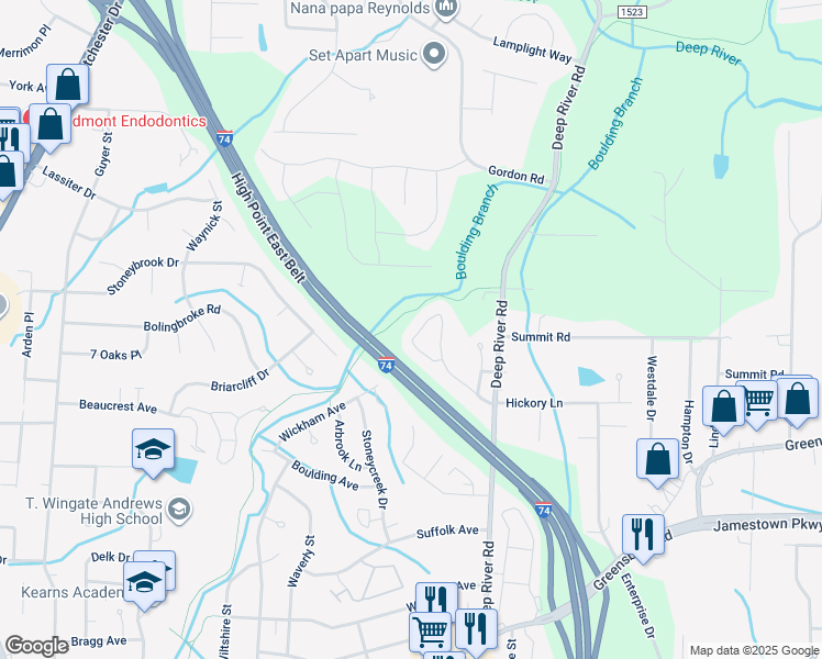 map of restaurants, bars, coffee shops, grocery stores, and more near 2852 WaterStone Loop in High Point