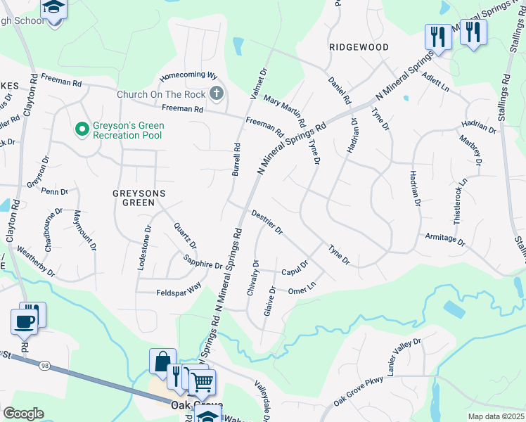 map of restaurants, bars, coffee shops, grocery stores, and more near 3805 Destrier Drive in Durham