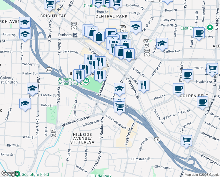 map of restaurants, bars, coffee shops, grocery stores, and more near 511 South Mangum Street in Durham