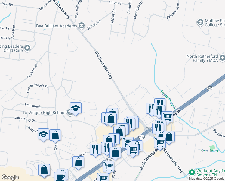map of restaurants, bars, coffee shops, grocery stores, and more near 668 Old Nashville Highway in La Vergne