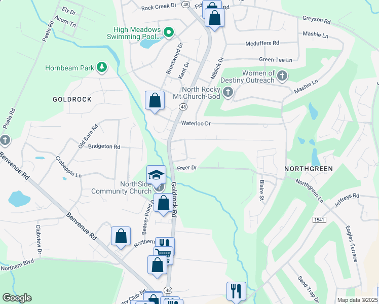map of restaurants, bars, coffee shops, grocery stores, and more near 111 Braxton Place in Rocky Mount