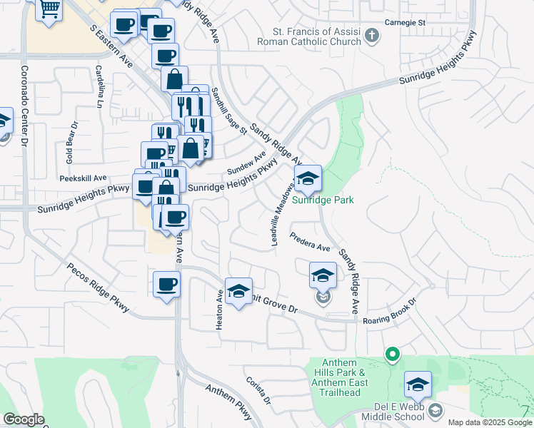map of restaurants, bars, coffee shops, grocery stores, and more near 2467 Sheltered Meadows Lane in Henderson