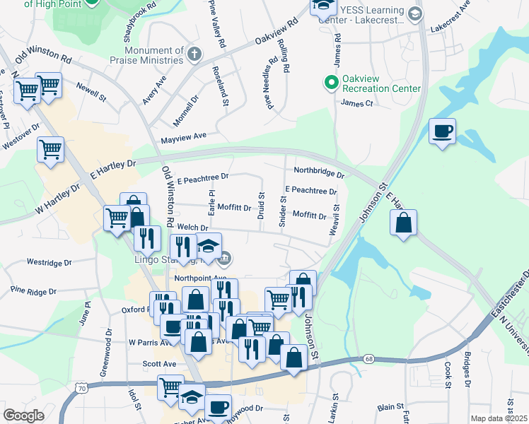 map of restaurants, bars, coffee shops, grocery stores, and more near 216 Druid Street in High Point