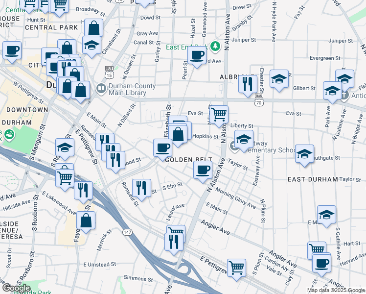 map of restaurants, bars, coffee shops, grocery stores, and more near 800 Taylor Street in Durham