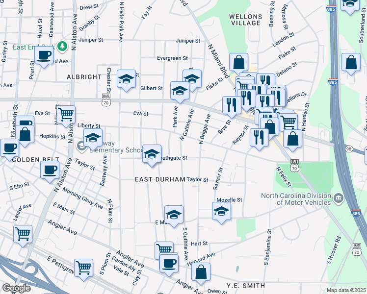 map of restaurants, bars, coffee shops, grocery stores, and more near 510 North Guthrie Avenue in Durham