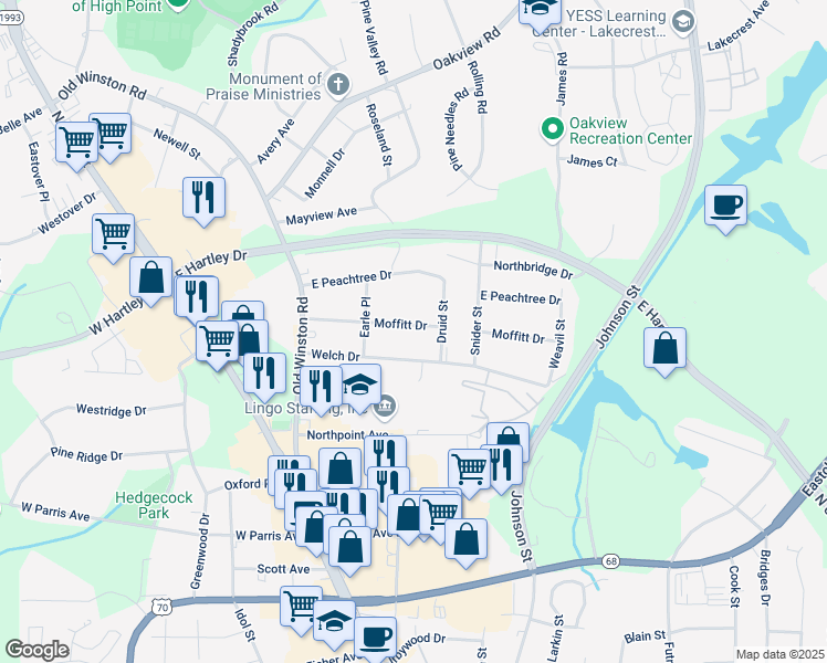 map of restaurants, bars, coffee shops, grocery stores, and more near 220 Moffitt Drive in High Point
