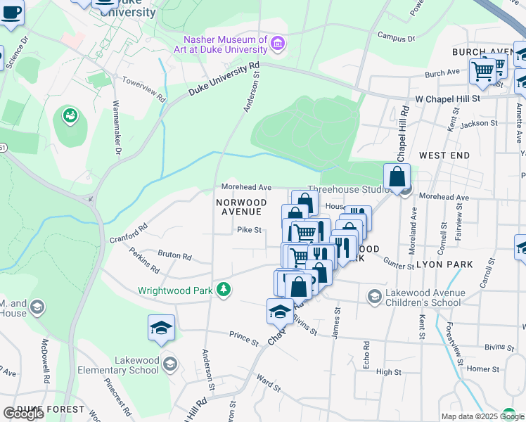 map of restaurants, bars, coffee shops, grocery stores, and more near 2201 Morehead Avenue in Durham