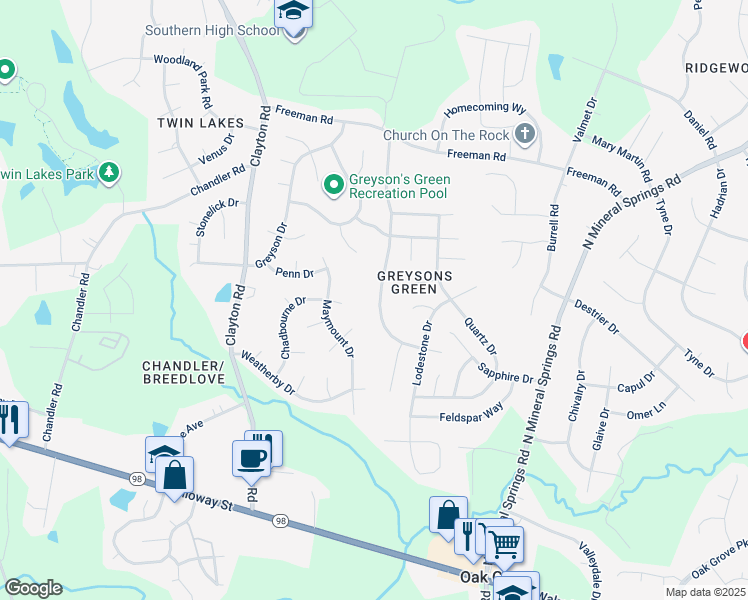 map of restaurants, bars, coffee shops, grocery stores, and more near 608 Chadbourne Drive in Durham