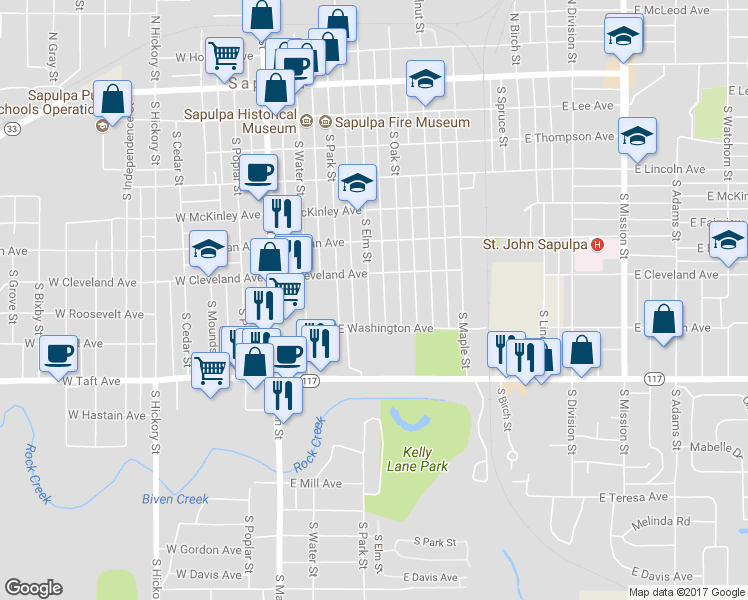 map of restaurants, bars, coffee shops, grocery stores, and more near 623 South Elm Street in Sapulpa