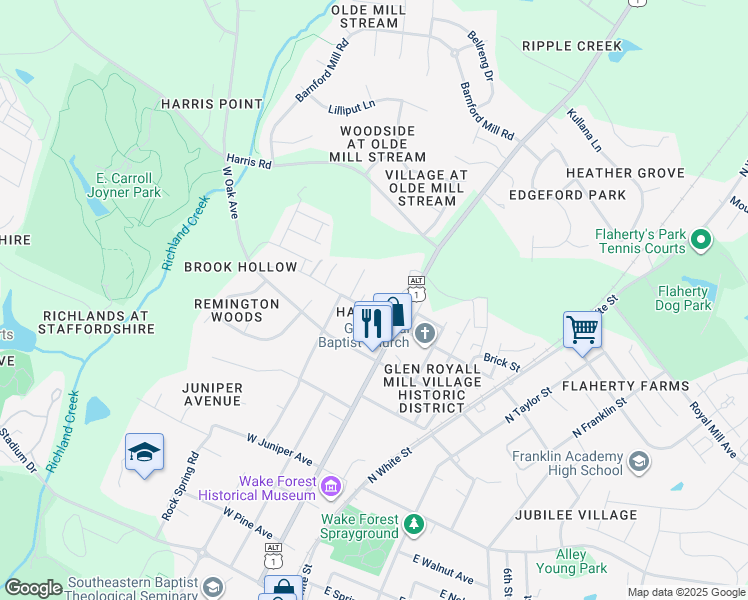 map of restaurants, bars, coffee shops, grocery stores, and more near 200 W Chestnut Ave in Wake Forest