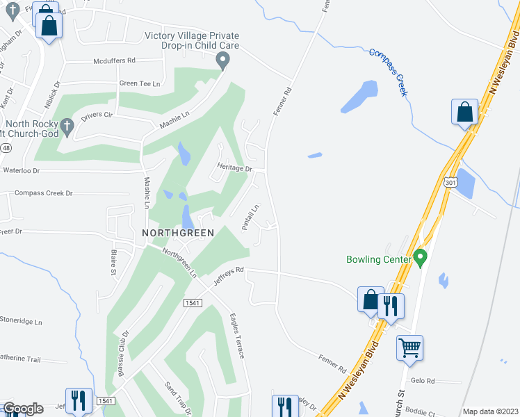 map of restaurants, bars, coffee shops, grocery stores, and more near 217 Pintail Lane in Rocky Mount