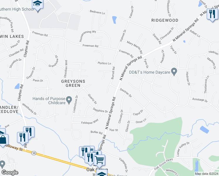 map of restaurants, bars, coffee shops, grocery stores, and more near 310 Burrell Road in Durham
