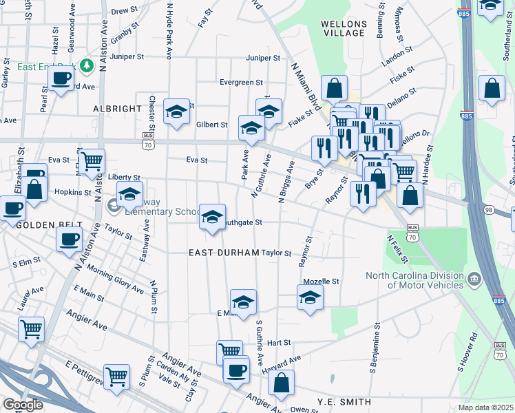 map of restaurants, bars, coffee shops, grocery stores, and more near 510 North Guthrie Avenue in Durham