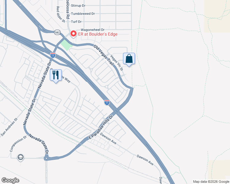 map of restaurants, bars, coffee shops, grocery stores, and more near 2577 Land Rush Drive in Henderson