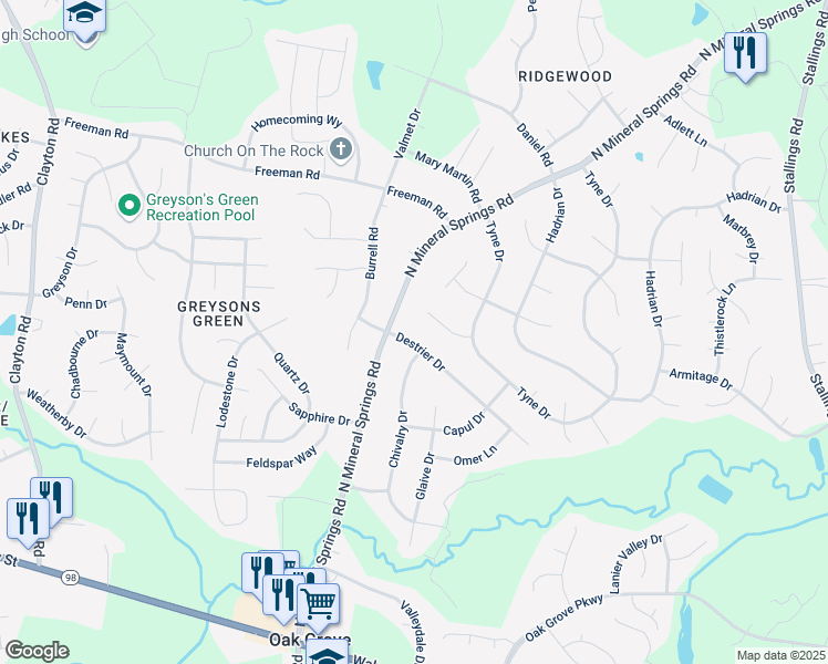 map of restaurants, bars, coffee shops, grocery stores, and more near 3805 Destrier Drive in Durham