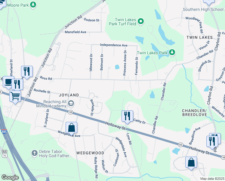 map of restaurants, bars, coffee shops, grocery stores, and more near 10 Charlestown Road in Durham