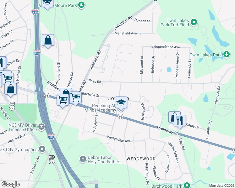 map of restaurants, bars, coffee shops, grocery stores, and more near 203 North Adams Street in Durham