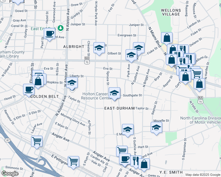 map of restaurants, bars, coffee shops, grocery stores, and more near 509 North Driver Street in Durham