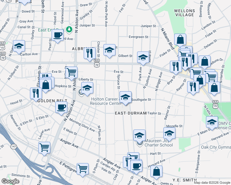 map of restaurants, bars, coffee shops, grocery stores, and more near 510 North Maple Street in Durham